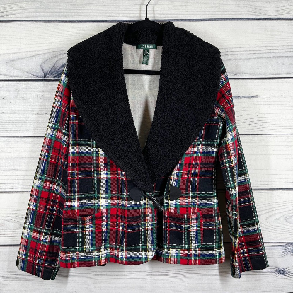 Lauren Ralph Lauren Plaid Blazer Fleece Collar Jacket Size XL
